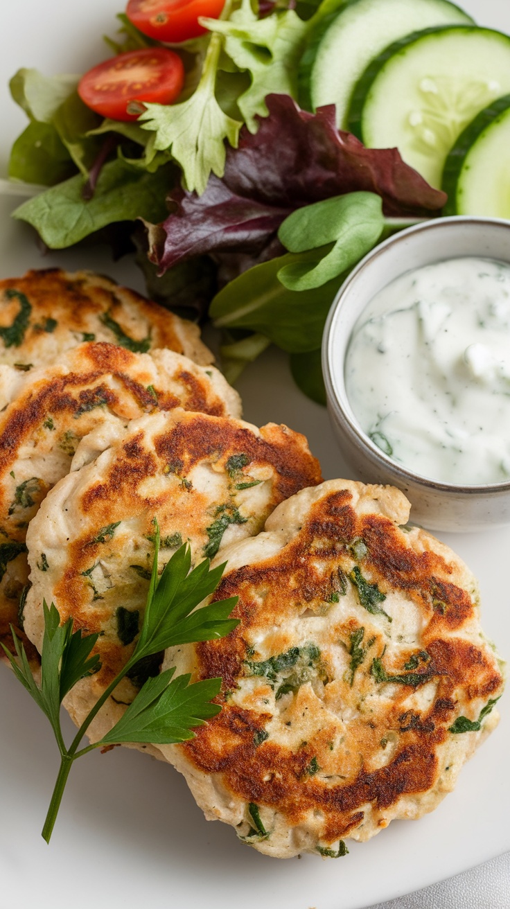 Golden-brown chicken patties made with feta and spinach, served with a fresh salad and tzatziki sauce.